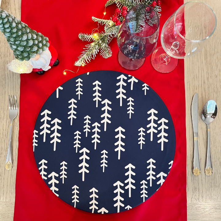 Funda Para Plato Base De Navidad  | Azul Marino con Arboles Blancos