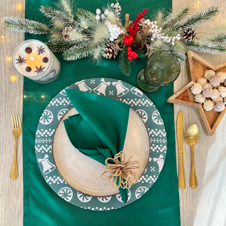 Funda Para Plato Base De Navidad  | Verde Musgo con Campanas